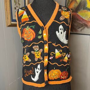 Vtg Halloween Knit Vest Candy Ghosts ( Medium ) Teacher Core Pumpkins Bears